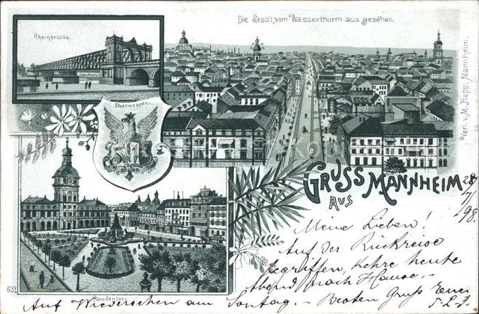 MANNHEIM BW Rheinbruecke Bick vom Wasserturm Paradeplatz Stadtwappen Reichspost