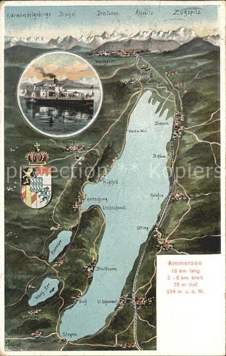 Ammersee und Umgebung aus der Vogelschau Alpenpanorama Dampfer Wappen Krone