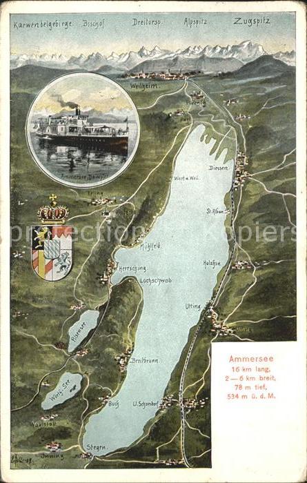 Ammersee und Umgebung aus der Vogelschau Alpenpanorama Dampfer Wappen Krone