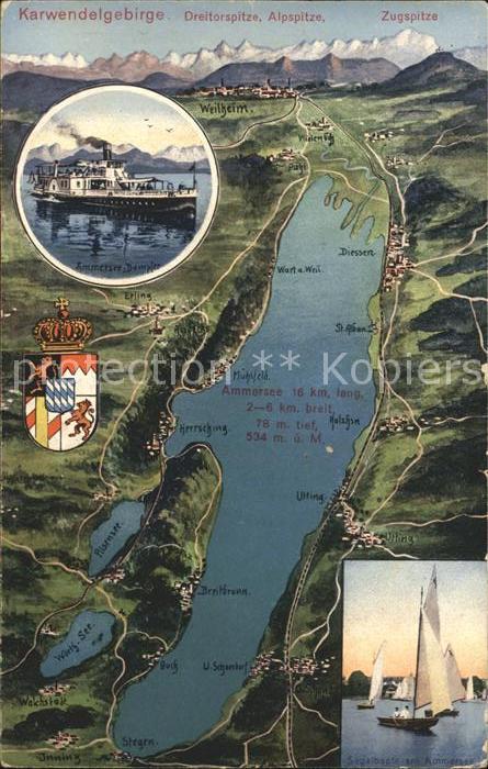 Ammersee und Umgebung Karwendelgebirge Dampfer Wappen Krone Segelboot