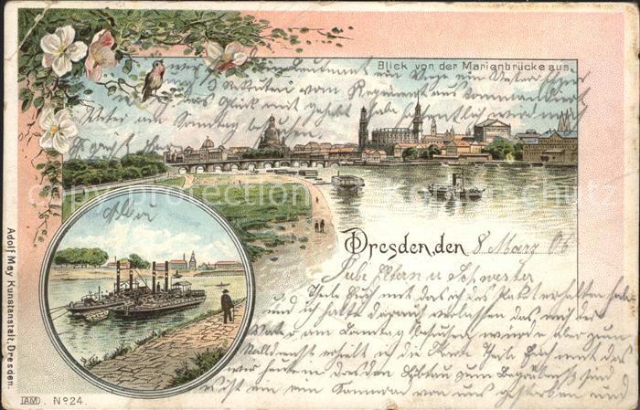 DRESDEN Elbe Blick von der Marienbruecke Dampfer Blumen