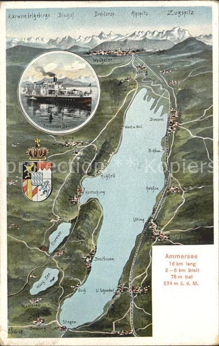 Ammersee aus der Vogelschau Karwendelgebirge Dampfer Wappen Krone