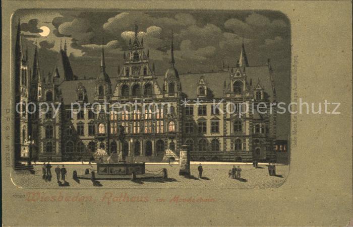 Wiesbaden Rathaus im Mondschein Brunnen