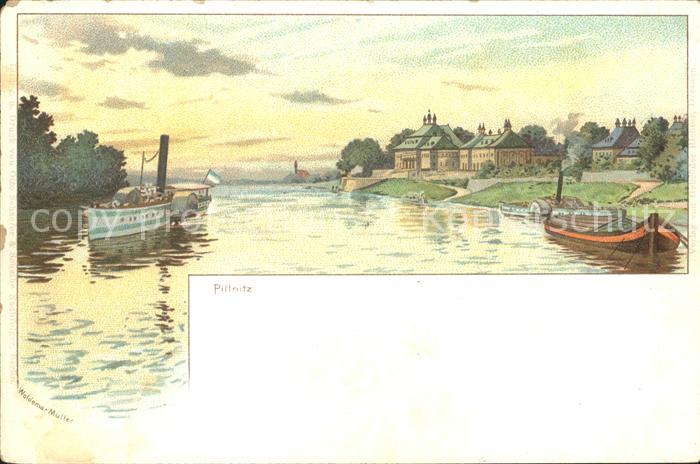 Pillnitz Partie an der Elbe Dampfer Kahn Kuenstlerkarte