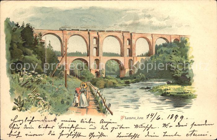 Plauen Vogtland Viadukt Eisenbahnbruecke Uferweg Kuenstlerkarte