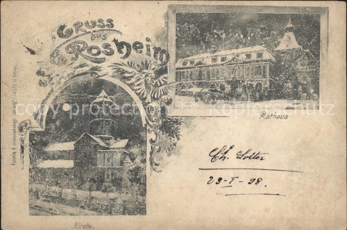 Rosheim Elsass Lothringen Rathaus Kirche im Mondschein