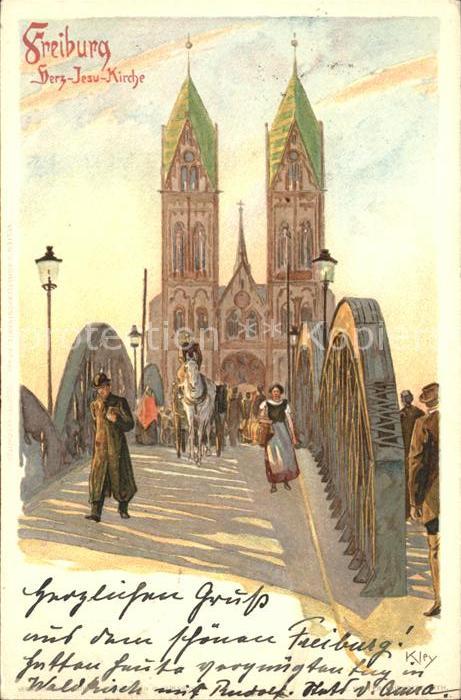Freiburg Breisgau Bruecke und Kirche Kuenstlerkarte