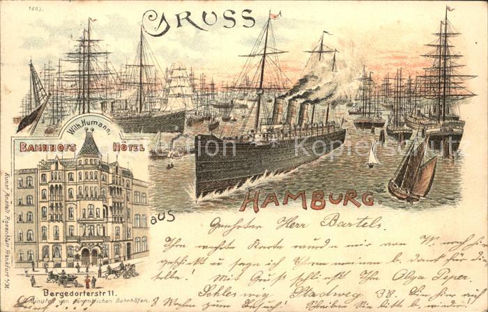 HAMBURG  CITY Hafenpartie Segelschiffe Dampfer Bahnhofs Hotel