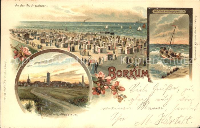 BORKUM Nordseebad Niedersachsen Strand zur Hochsaison Segelpartie Blick von der