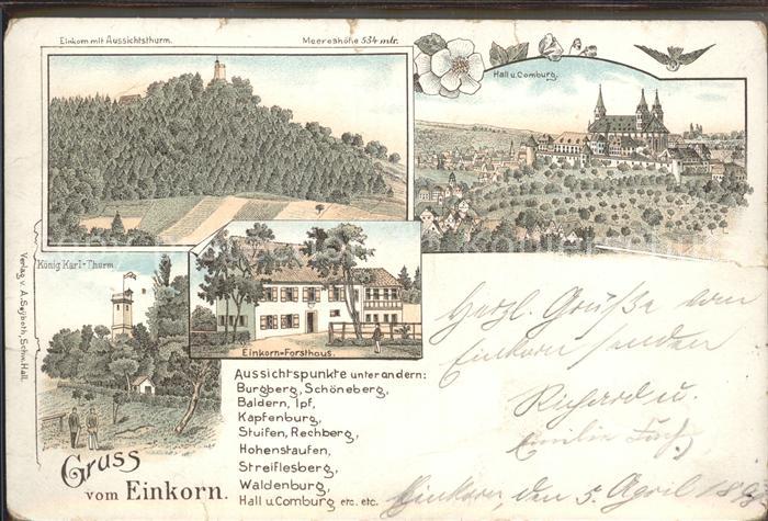 Einkorn Schwaebisch Hall mit Aussichtsturm Hall und Comburg Koenig Karl Thurm Ei
