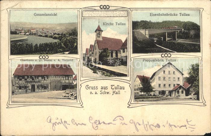 Tullau Gesamtansicht Eisenbahnbruecke Kirche Gasthaus zum gruenen Baum Pappenfab