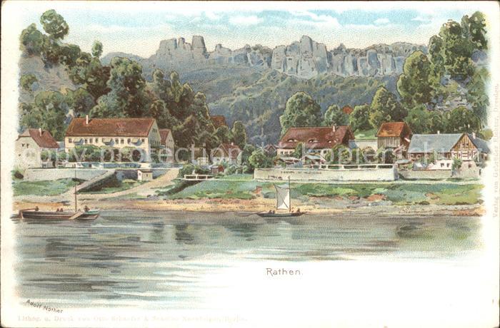 Rathen Saechsische Schweiz Elbufer Elbsandsteingebirge Litho