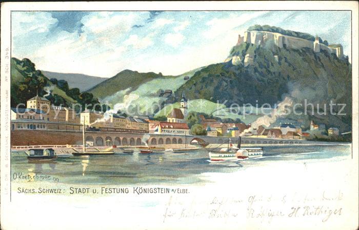 Koenigstein Saechsische Schweiz Stadt und Festung Elbe Dampfer Litho
