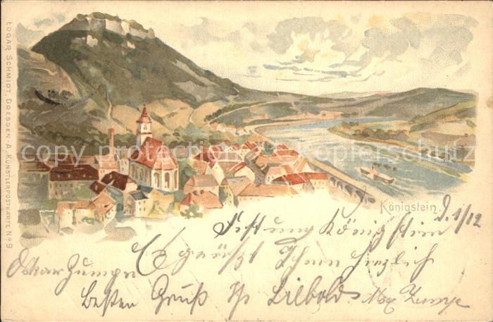 Schandau Bad Stadtbild mit Festung Koenigstein Kuenstlerkarte