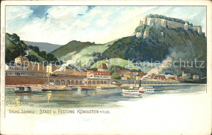 Schandau Bad Stadt und Festung Koenigstein Elbe Dampfer Kuenstlerkarte