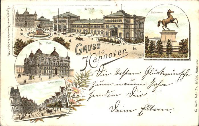 HANNOVER  CITY Bahnhof Ernst August Denkmal Sachsenross Post Koenigstrasse Litho