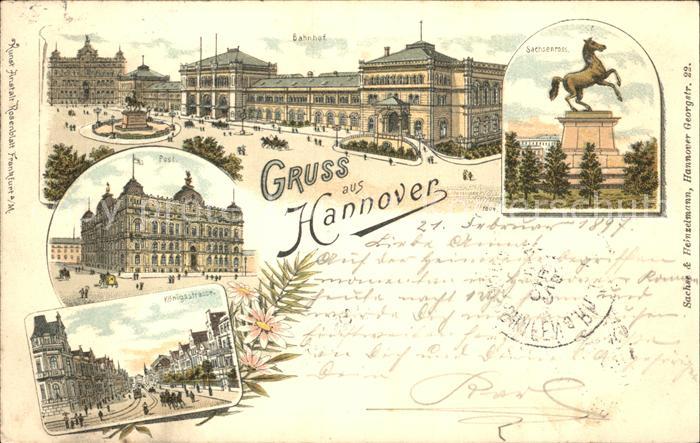 HANNOVER  CITY Ernst August Denkmal Bahnhof Sachsenross Post Koenigstrasse Litho