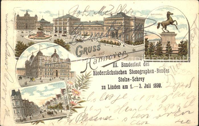 HANNOVER  CITY Ernst August Denkmal Bahnhof Sachsenross Post Koenigstrasse Litho