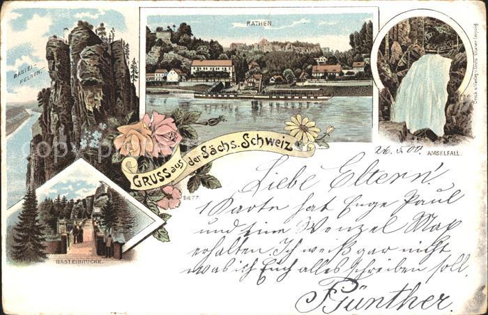 Rathen Saechsische Schweiz Bastei Felsen Bruecke Amselfall Wasserfall Elbsandste