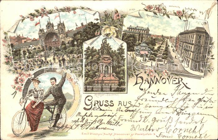 HANNOVER  CITY Tivoli Garten Georgstrasse Kriegerdenkmal Tandem Fahrrad Litho Re