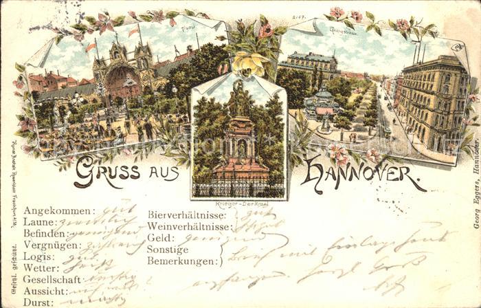 HANNOVER  CITY Tivoli Garten Georgstrasse Kriegerdenkmal Litho Reichspost