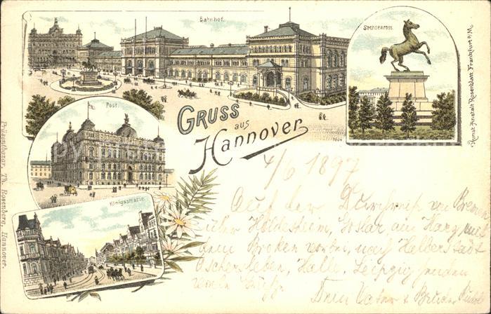 HANNOVER  CITY Ernst August Platz Bahnhof Sachsenross Post Koenigsstrasse Litho