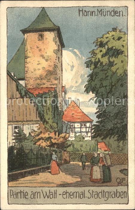 Hann. Muenden Partie am Wall Turm ehemal Stadtgraben Kuenstlerkarte