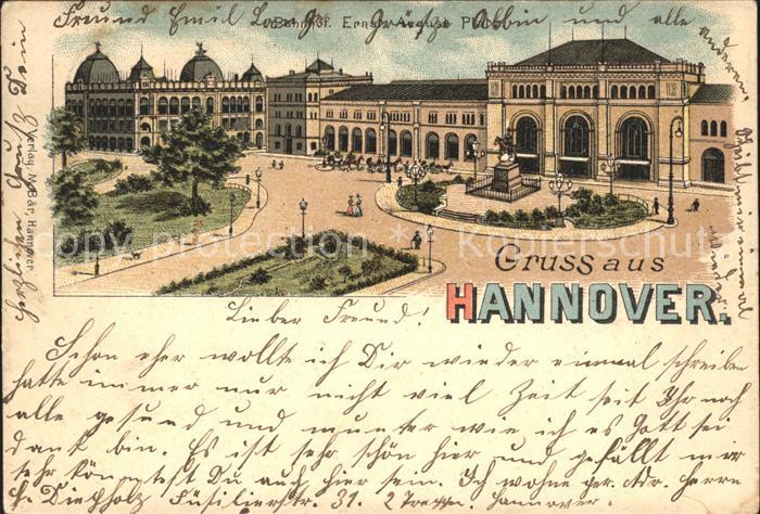HANNOVER  CITY Ernst August Platz Denkmal Bahnhof Litho Reichspost