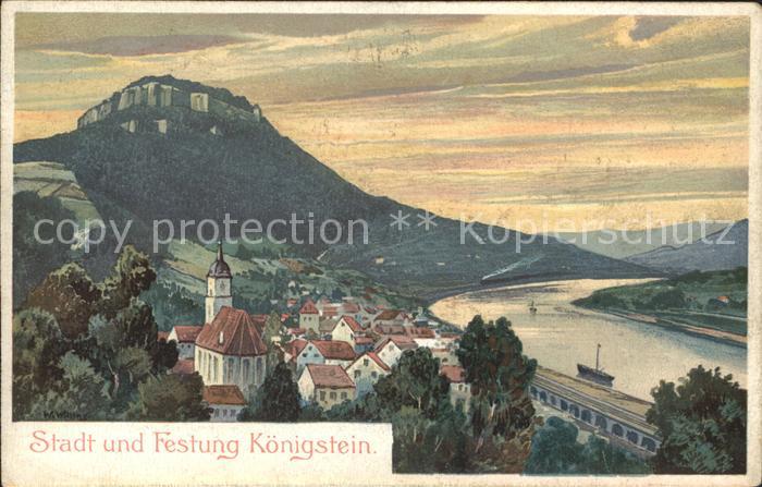 Koenigstein Saechsische Schweiz Stadt und Festung Kuenstlerkarte Kgl Saechs Mili