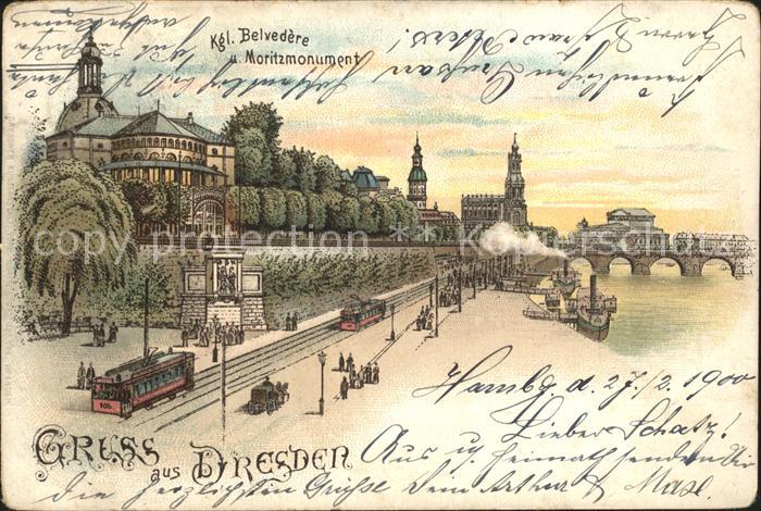 DRESDEN Elbe Kgl Belvedere Moritzmonument Strassenbahn Elbe Dampfer