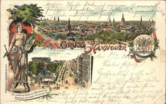 HANNOVER  CITY Blick ueber die Stadt Georgstrasse Hannovera Wappen Litho
