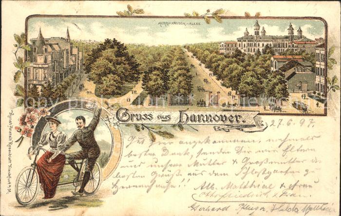 HANNOVER  CITY Herrenhaeuser Allee Tandem Fahrrad Litho Reichspost