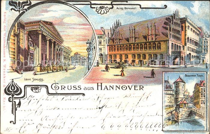 HANNOVER  CITY Leine Schloss Altes Rathaus Beguinenturm Litho