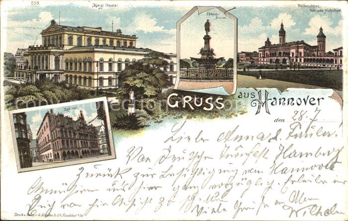 HANNOVER  CITY Kgl Theater Ebhardtbrunnen Welfenschloss Hochschule Rathaus Litho