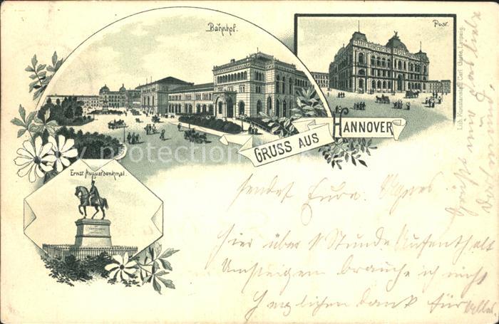 HANNOVER  CITY Bahnhof Post Ernst August Denkmal Reiterstandbild Litho