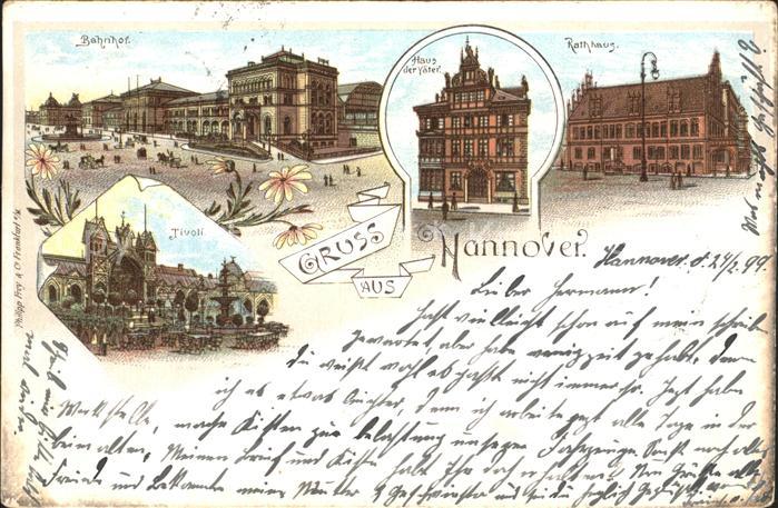 HANNOVER  CITY Bahnhof Haus der Vaeter Rathaus Tivoli Garten Musikpavillon Litho