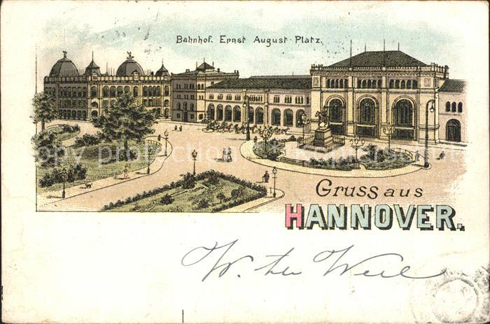 HANNOVER  CITY Ernst August Platz Denkmal Bahnhof Litho