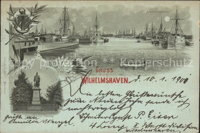Wilhelmshaven  CITY Ausruestungshafen im Mondschein Anker Kaiser Wilhelm Denkma