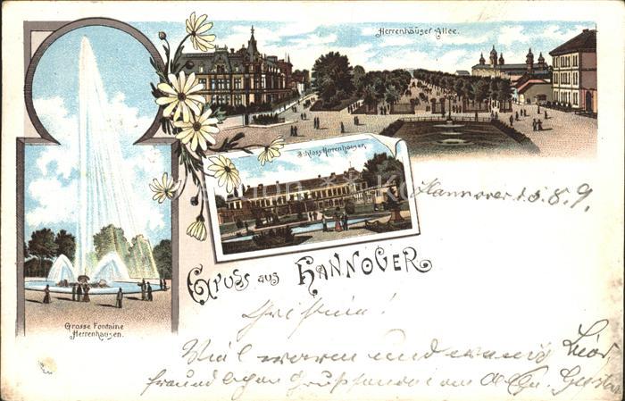 HANNOVER  CITY Grosse Fontaine Herrenhaeuser Allee Schloss Herrenhausen Litho Ba
