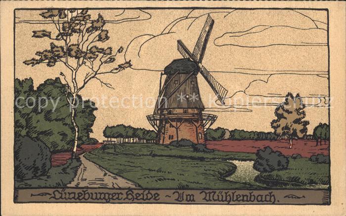 Lueneburger Heide Am Muehlenbach Windmuehle Kuenstler Steinzeichnung Elka Kalend