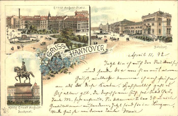HANNOVER  CITY Ernst August Platz Denkmal Reiterstandbild Bahnhof Litho