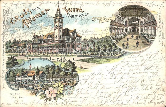 Ahlem Ahlemer Turm Saal Gartenpartie Litho Reichspost