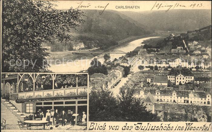 Carlshafen Blick von der Juliushoehe ins Wesertal Restaurant
