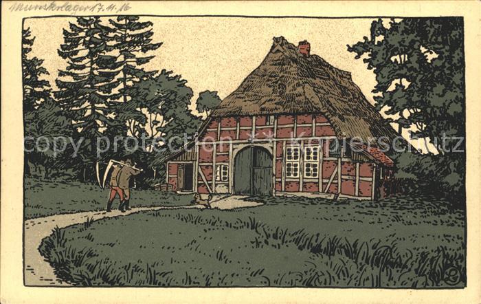 Lueneburger Heide Bauernhof Feierabend Kuenstler Steinzeichnung