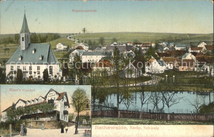 Rathewalde Ortsblick Kirche Napoleonslinde Ritters Gasthof Teich