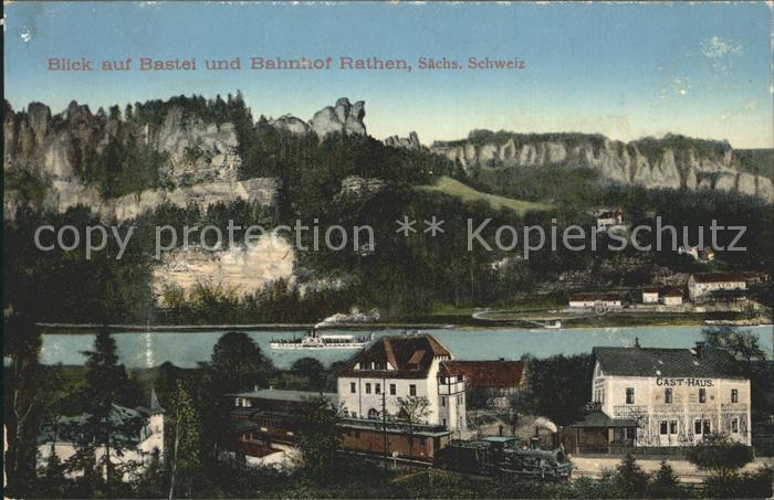 Rathen Saechsische Schweiz Blick auf Bastei Bahnhof und Elbe