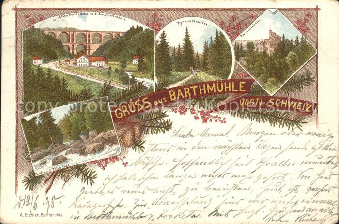 Vogtlaendische Schweiz Elsterthalbruecke mit Barthmuehle Triebtal Pyramidenwiese