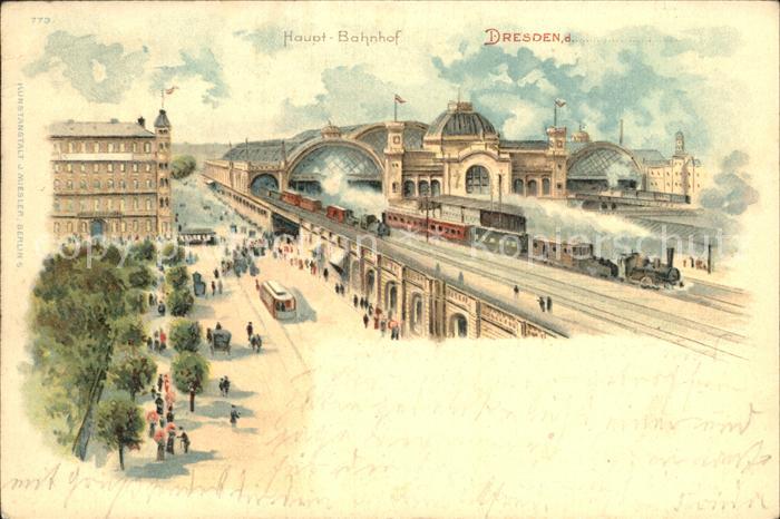 DRESDEN Elbe Hauptbahnhof Eisenbahn Dampflokomotive Litho
