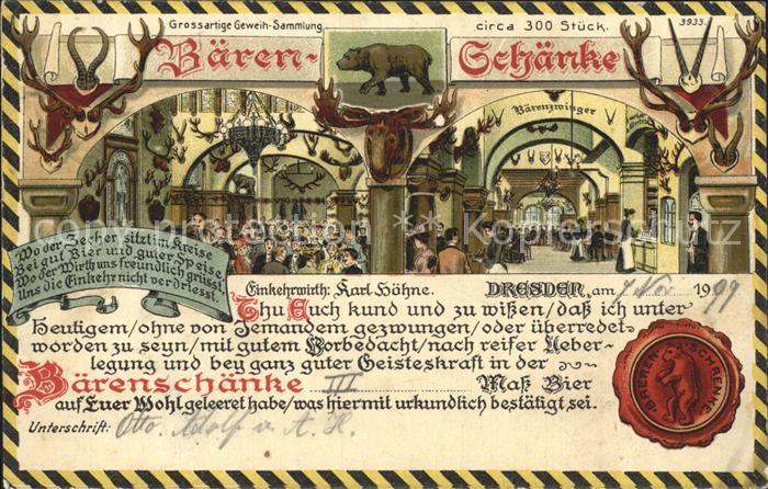 DRESDEN Elbe Baerenschaenke Gaststaette Siegel Litho