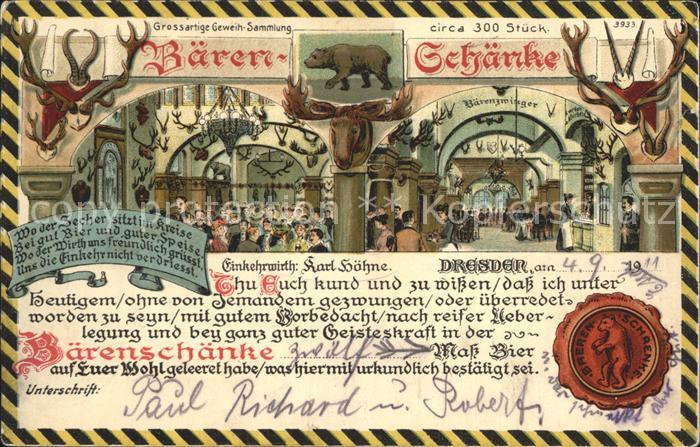 DRESDEN Elbe Baerenschaenke Gaststaette Siegel Litho